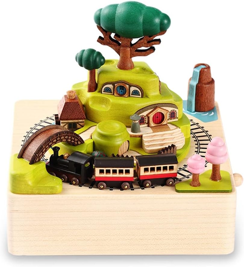 Music Box Wooden Music Box Rotating Train Music Box Boys and Girls Children Birthday Christmas New Year Gift Spring Train Wood Musical Box