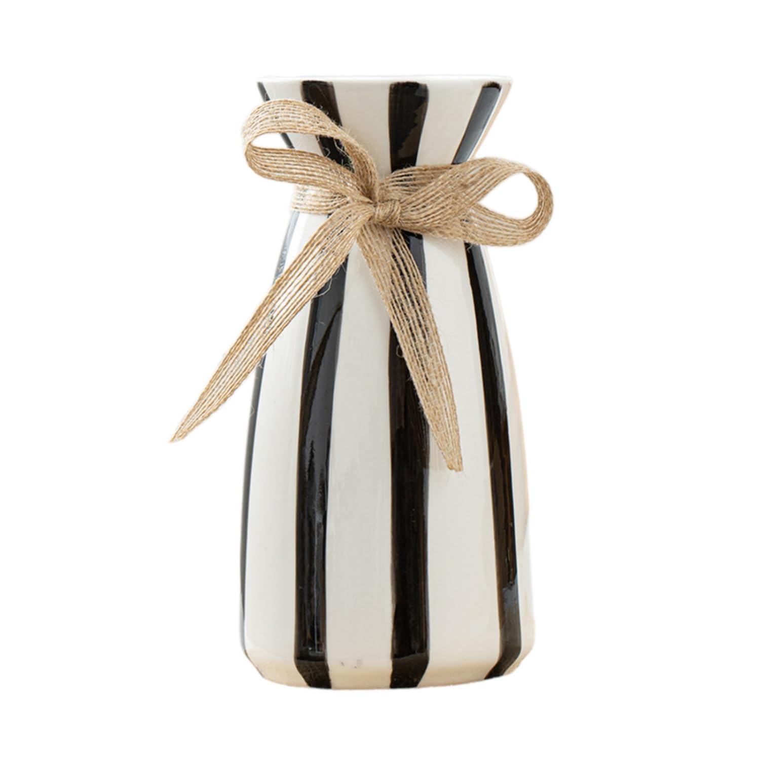 Striped Ceramic Flower Vase Farmhouse Decorative Flower Vase Vertical Stripe Ceramic Vases with Jute Bow for Pampas Grass, Fresh Flowers, Dried Flowers, Black