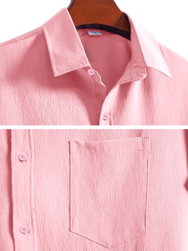 Image of Pinkmint Men's Popcorn Shirt Comfortable Short Sleeve Shirt's Casual Textured Shirt (Pack of 1) Pink