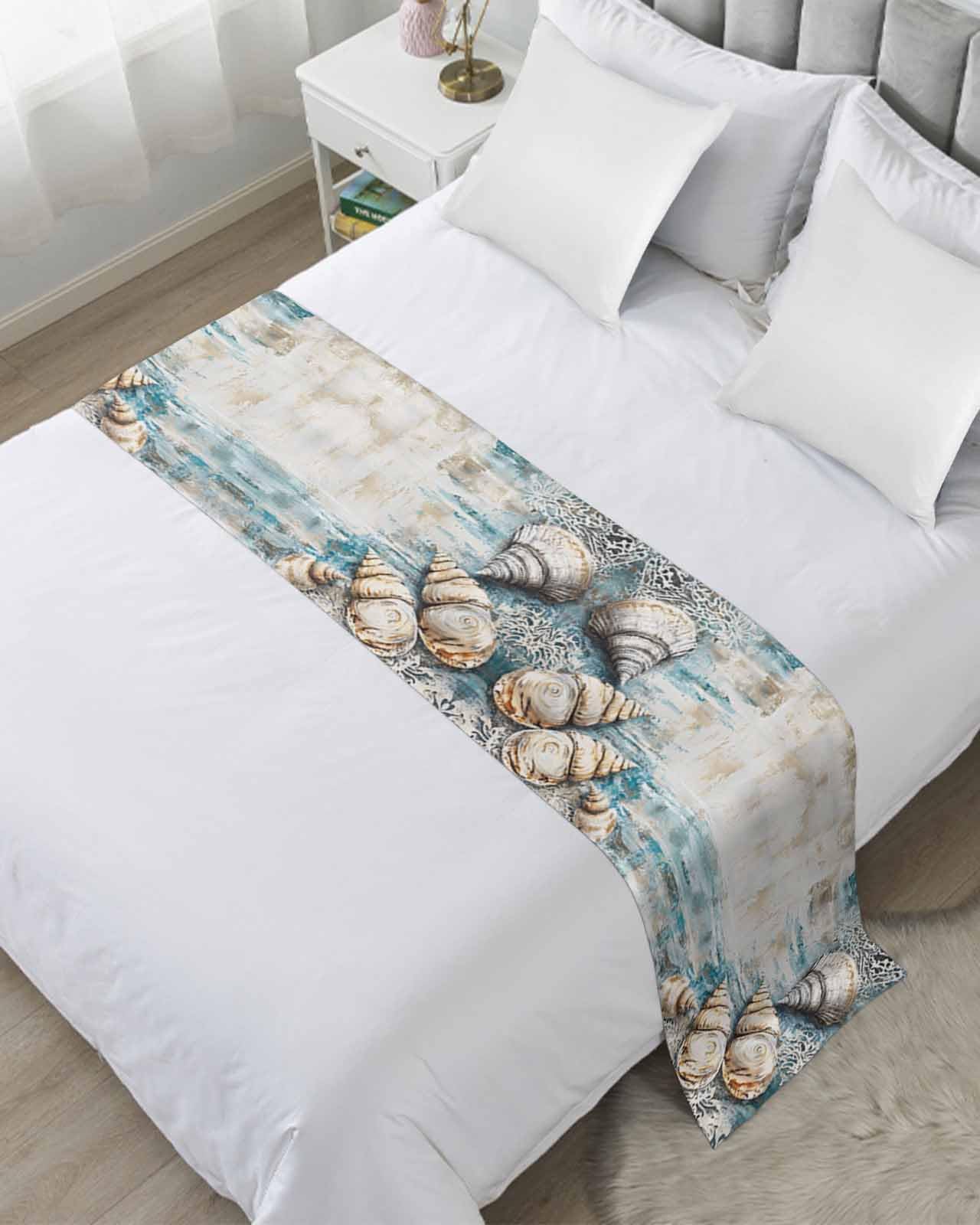 Conch Coastal Bed Runner for Twin Size, Summer Beach Nautical Seaside Blue Bedspread Protector Slipcover Bed Scarf for Foot Runners & Scarves for Bedroom Hotel Wedding Room 71x20 Inches