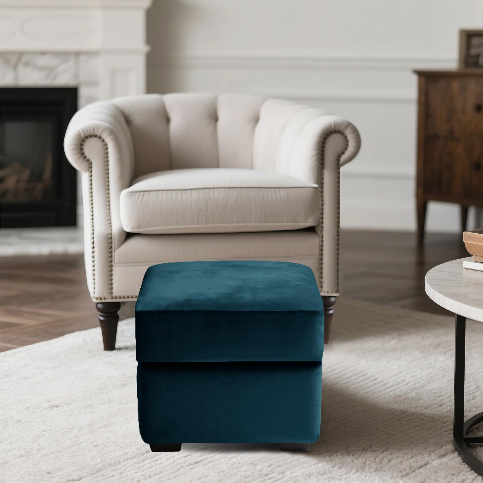 SYLC Ottoman Cover Stretch Velvet, Footstool Cover and Pouffe Cover Non-slip with Elastic Bottom/ties, Slipcover for Folding Storage Poofy Foot Stool (Dark teal,Square-S Ottoman+Seat)