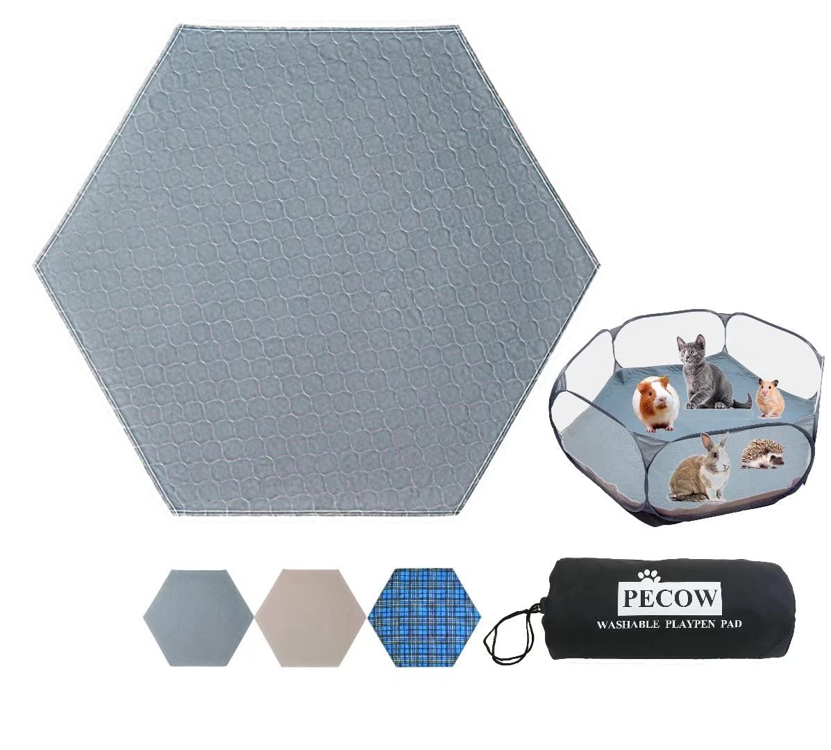 Pecow PLAYPEN NOT Included Hexagon Washable Liner for Portable Small Animal Playpen Guinea Pig Play Pen Hamster Cage Fleece Bunny Rabbit Fence Indoor/Outdoor Waterproof Reusable Super Absorbent(Grey)