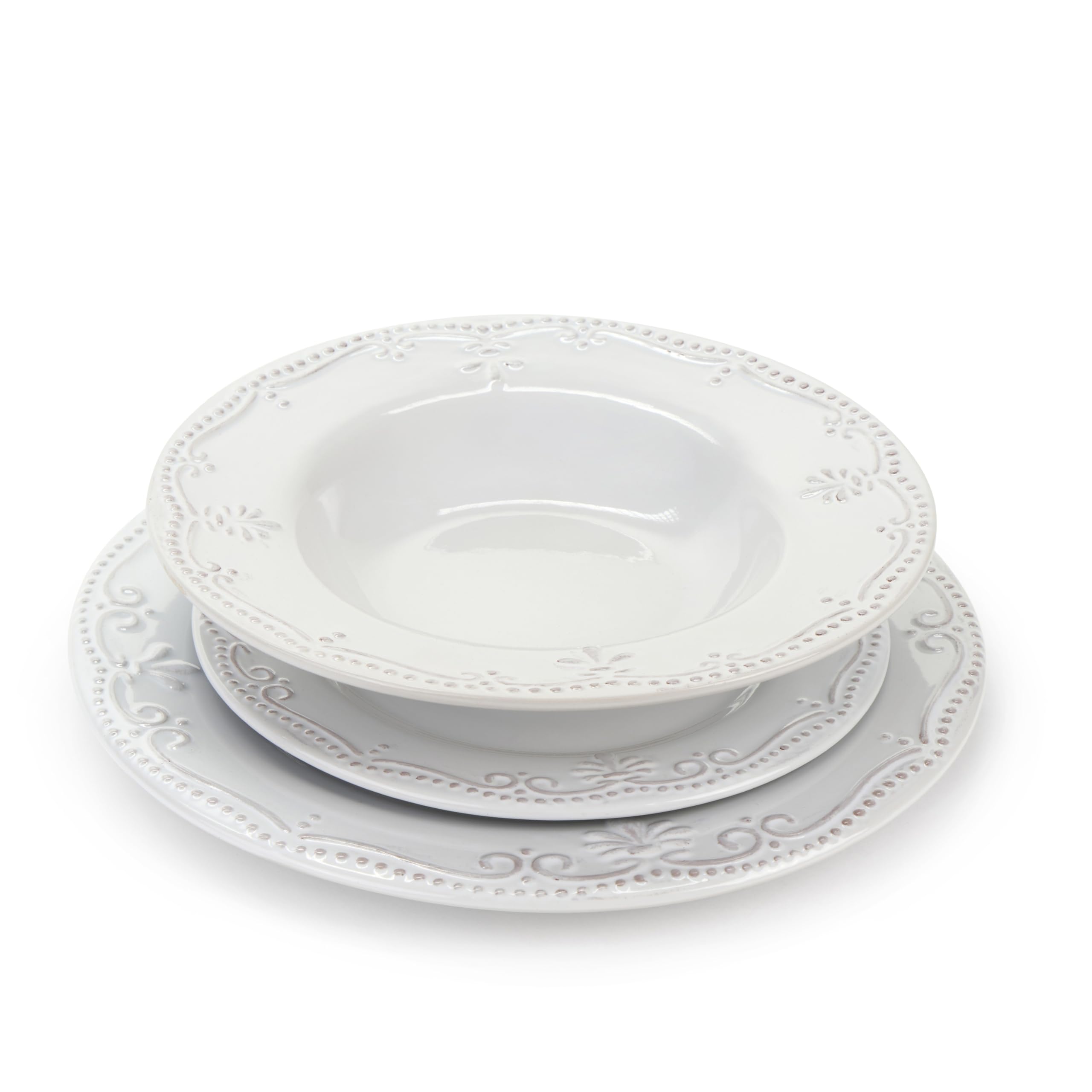 Kombiservice aus Steinzeug für 6 Personen, 18-teilig – Elegantes Geschirr-Set in Weiß mit Relief-Ornamenten, Vintage-Stil