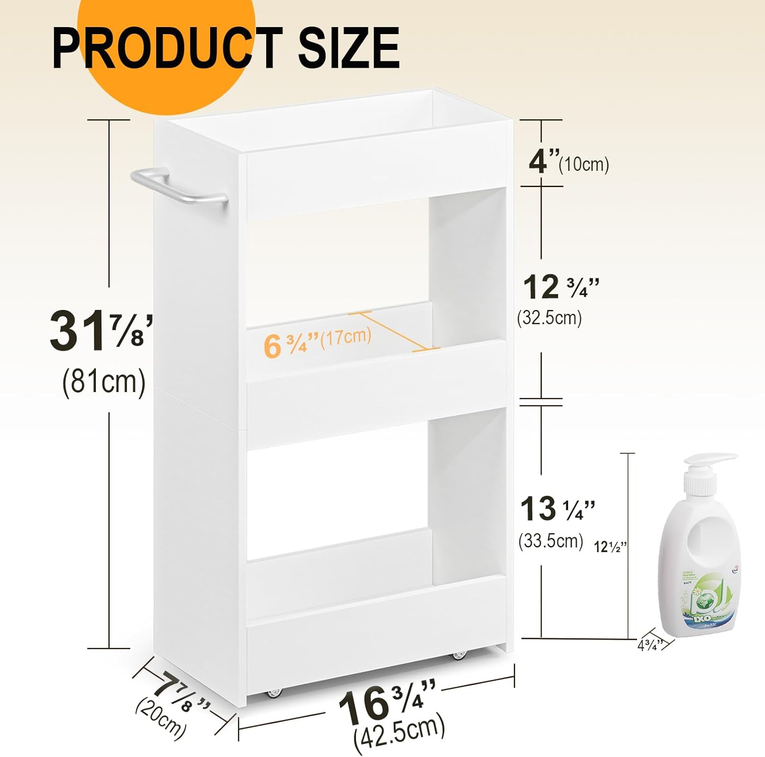 MARTY Wood Rolling Storage Cart 7.9" W, 3 Tier White Slim Utility Kitchen Cart on Wheels Laundry Room Bathroom Organizers Narrow Shelves with Handle Mobile Shelving Unit for Small Places - Image 5