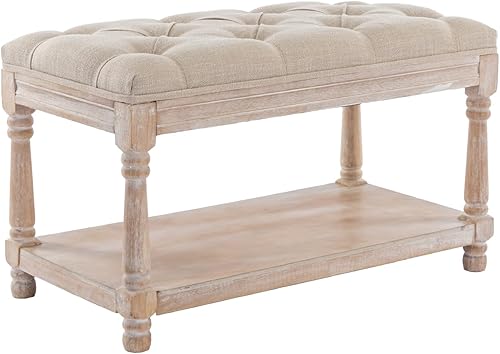 Miniatura 14 de Banco de almacenamiento de madera para entrada, banco otomano tapizado de lino con botones con patas negras para dormitorio, extremo de la cama, 45