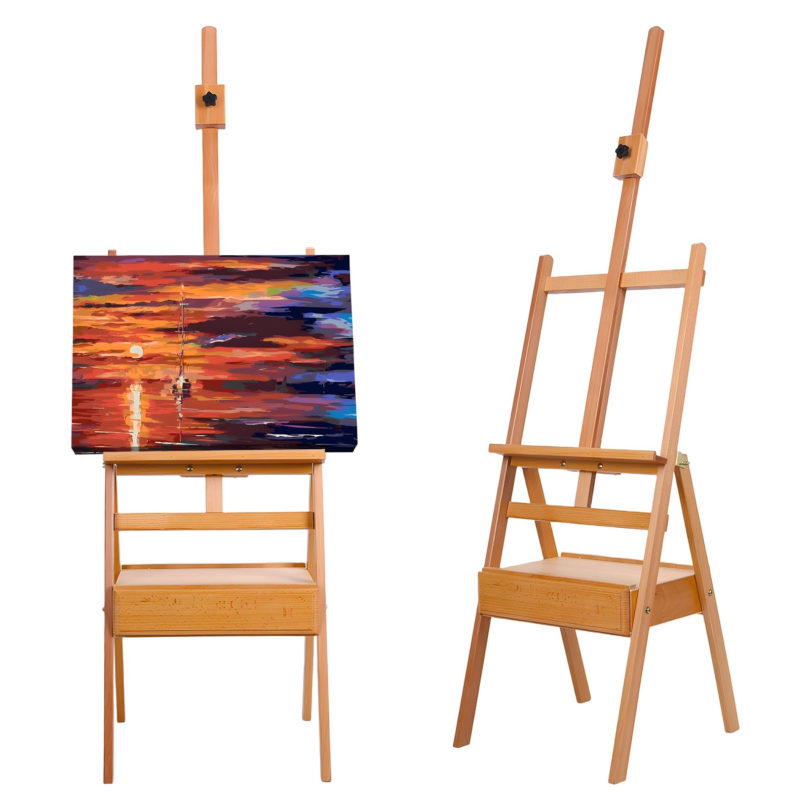 Cadciehe Wooden Color H Frame Easel, French Easel With Drawer, Solid Beech Wood Easel, Painting Canvas Holder Stand, Tilts Flat Artist Easel Height Angle Adjustable