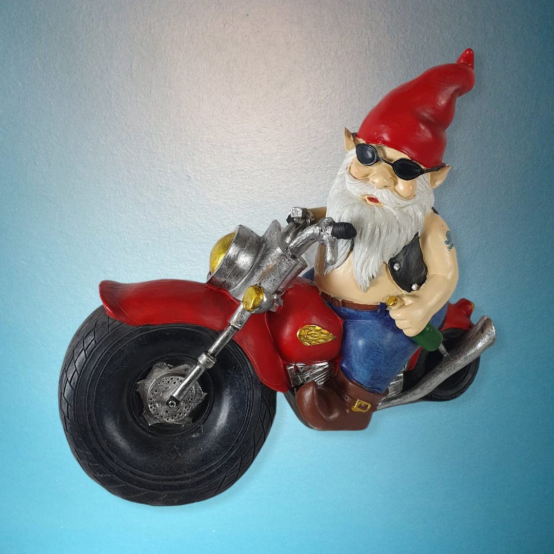 Biker Gartenzwerge Paar Auf Motorrad – Outdoor-Figuren Aus Wetterfestem Harz | Solarbeleuchtet, Handbemalt, Ca. 28x9x18 Cm