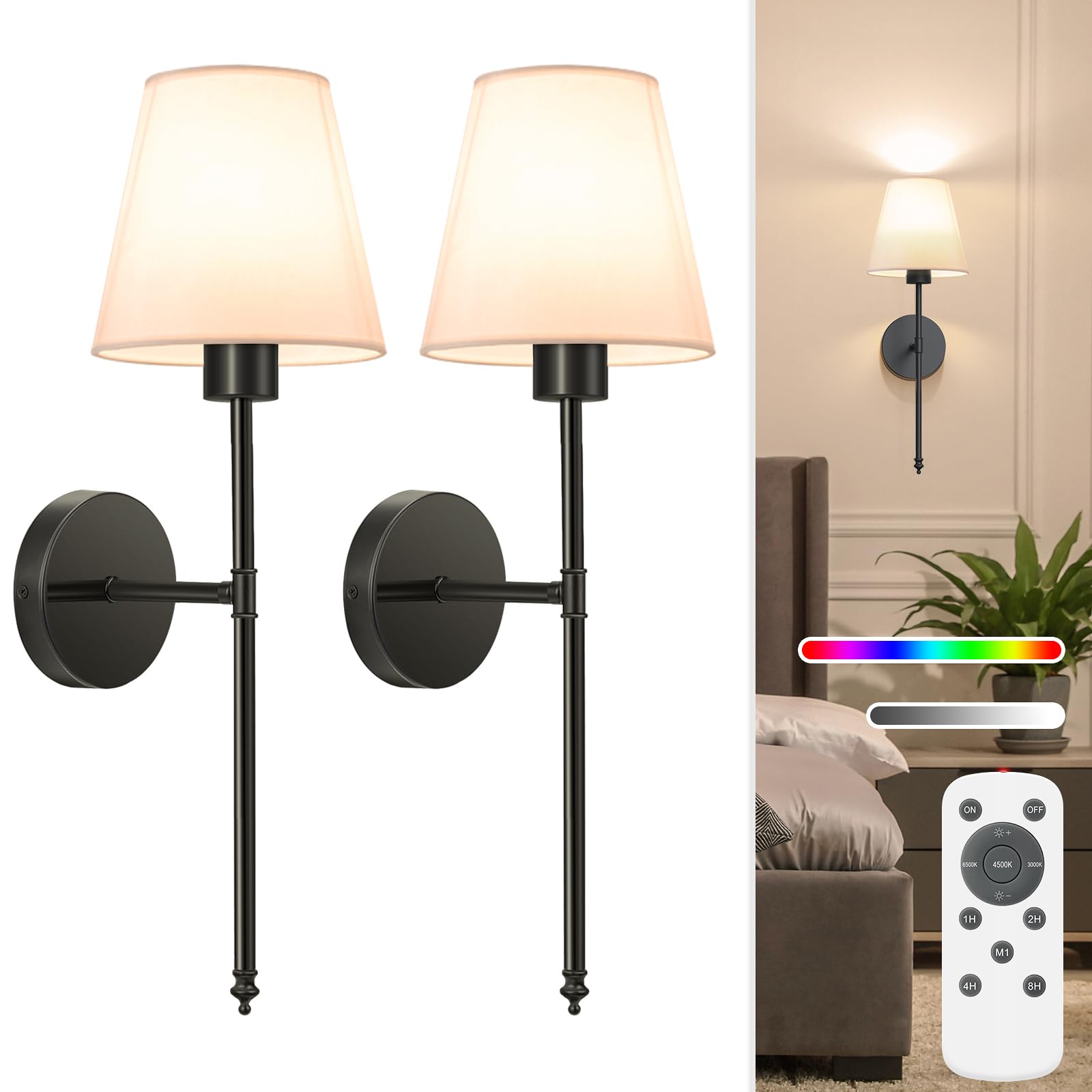 NIORSUN 19.9 inch Battery Operated Wall Sconce Set of 2,Black Rechargeable Wall Lights with 5200mAh Dimmable Detachable Bulbs and Remote,10 Colors Wireless Sconces for Bedroom Living Room Hallway
