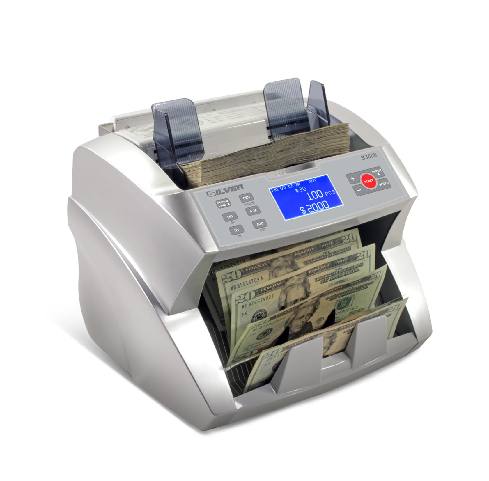 SILVER By AccuBANKER Bill Money Counter Machine with Counterfeit Detection UV/MG/IR/DD/DBL/HLF/CHN, Sorts Cash Count Number of Bills & Calculate Value per Denomination, S3500