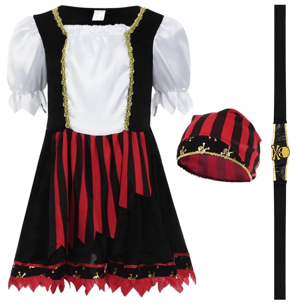 Mädchen Piratenkostüm, Piratenkleid für Kinder, Cosplay Piratenoutfit mit Kleid, Gürtelschärpe und Stirnband, Rollenspiel Verkleidung für Mädchen, schwarz rot mit Totenkopf-Muster