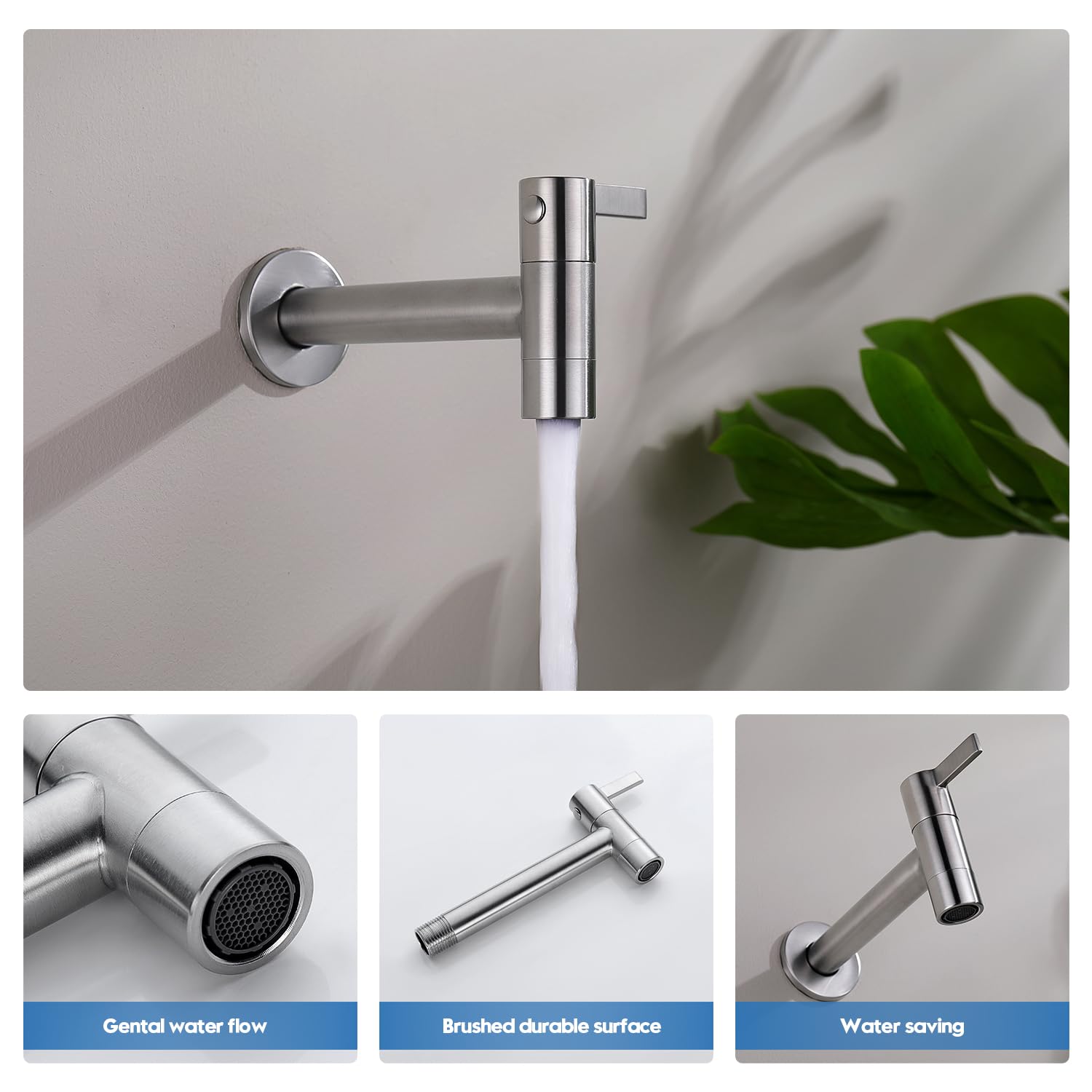 Decaura Grifo de agua fría montado en la pared de acero inoxidable grifo de agua fría montado en la pared de 13 cm grifo frío en pared para baño, lavabo, balcón, cocina