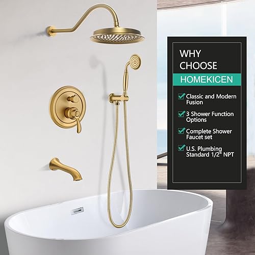 Miniatura 2 de Homekicen Sistema de ducha antiguo de oro cepillado con boquilla de bañera grifos de lluvia de 9 pulgadas en la pared, cabezal de lluvia y rociador