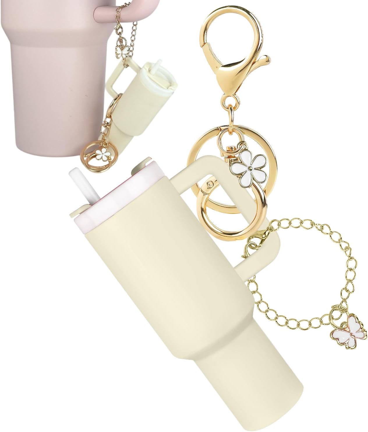mini tumbler keychain accessories for stanley cup, 2 way cute charms chapstick lip balm holder for women purse handbag white