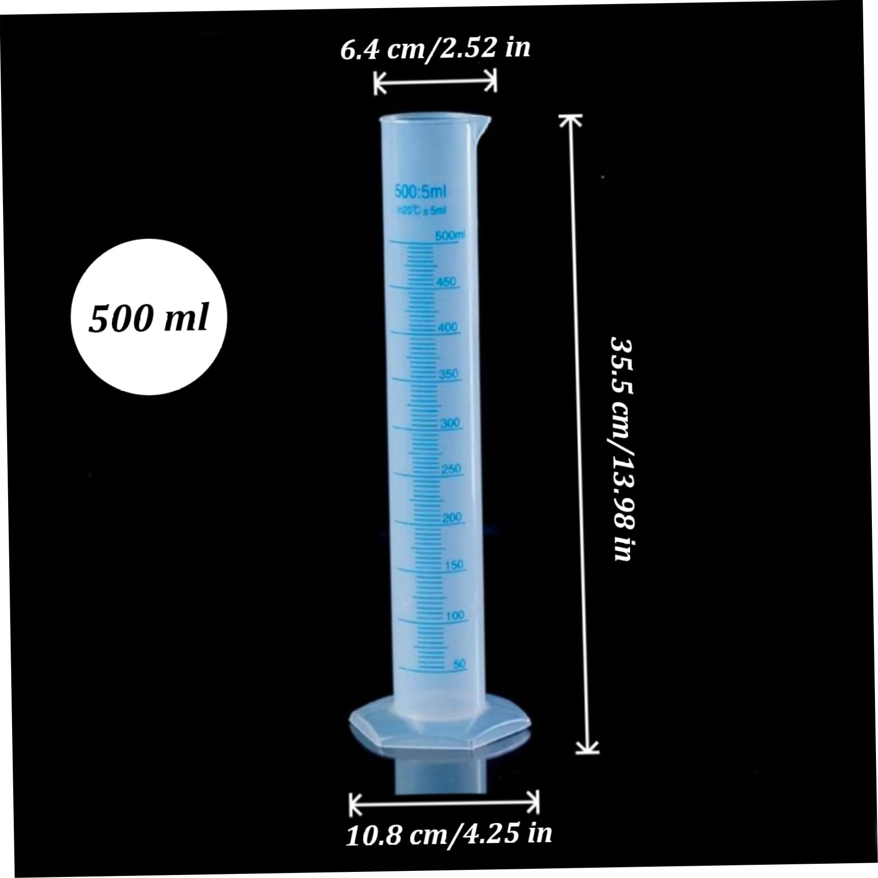 Cylindre gradué en plastique, tube à essai de 500 ml d'hydromètre avec échelle claire, cylindre de mesure portable pour les sciences la maison et l'école, laboratoire, 250 ml gradués