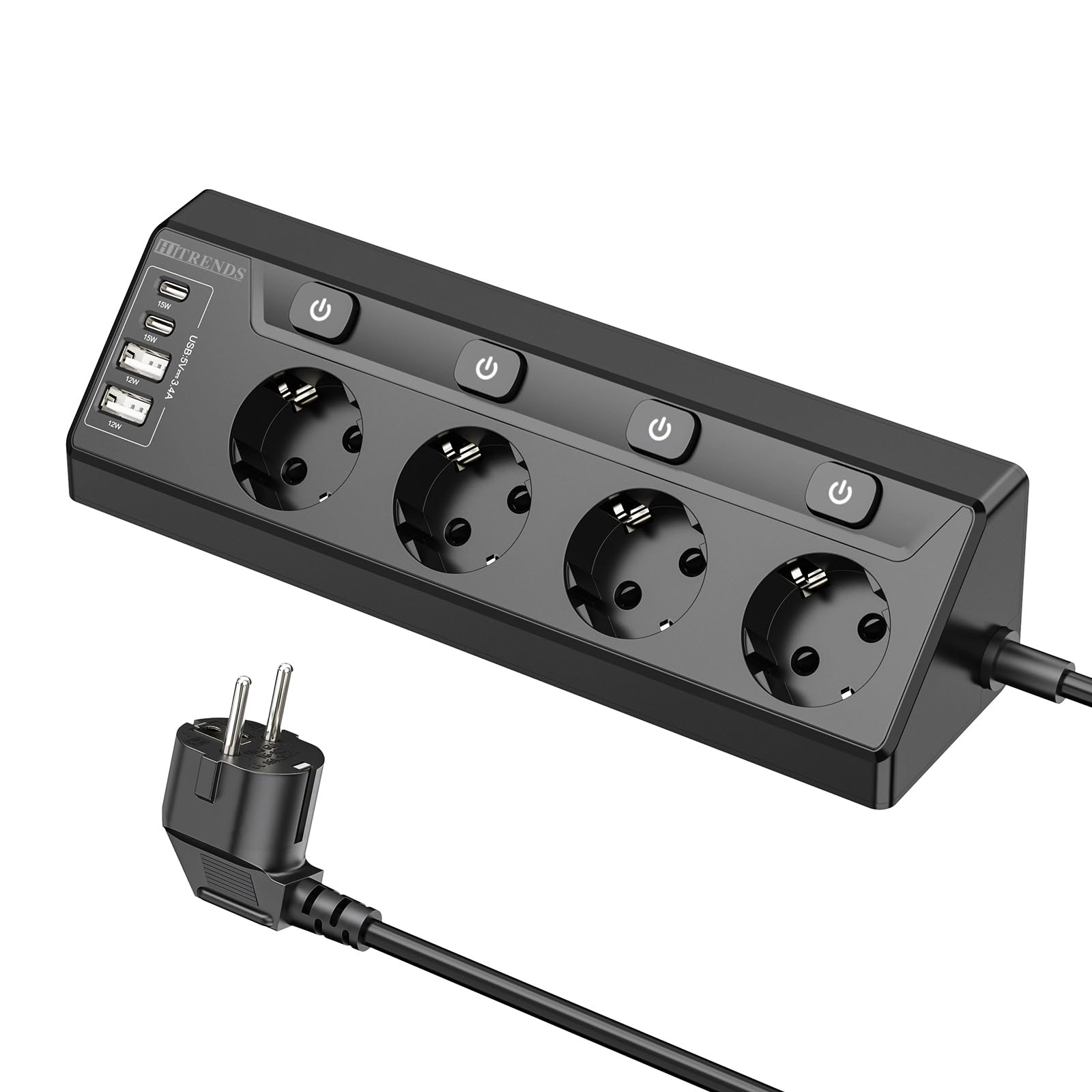 Ecksteckdose mit 4 Steckdosen & 2 USB-A + 2 USB-C - Steckdosenleiste mit 2m Kabel & Einzelschaltern - Für Schreibtisch, Ecken & Wände - Schwarz