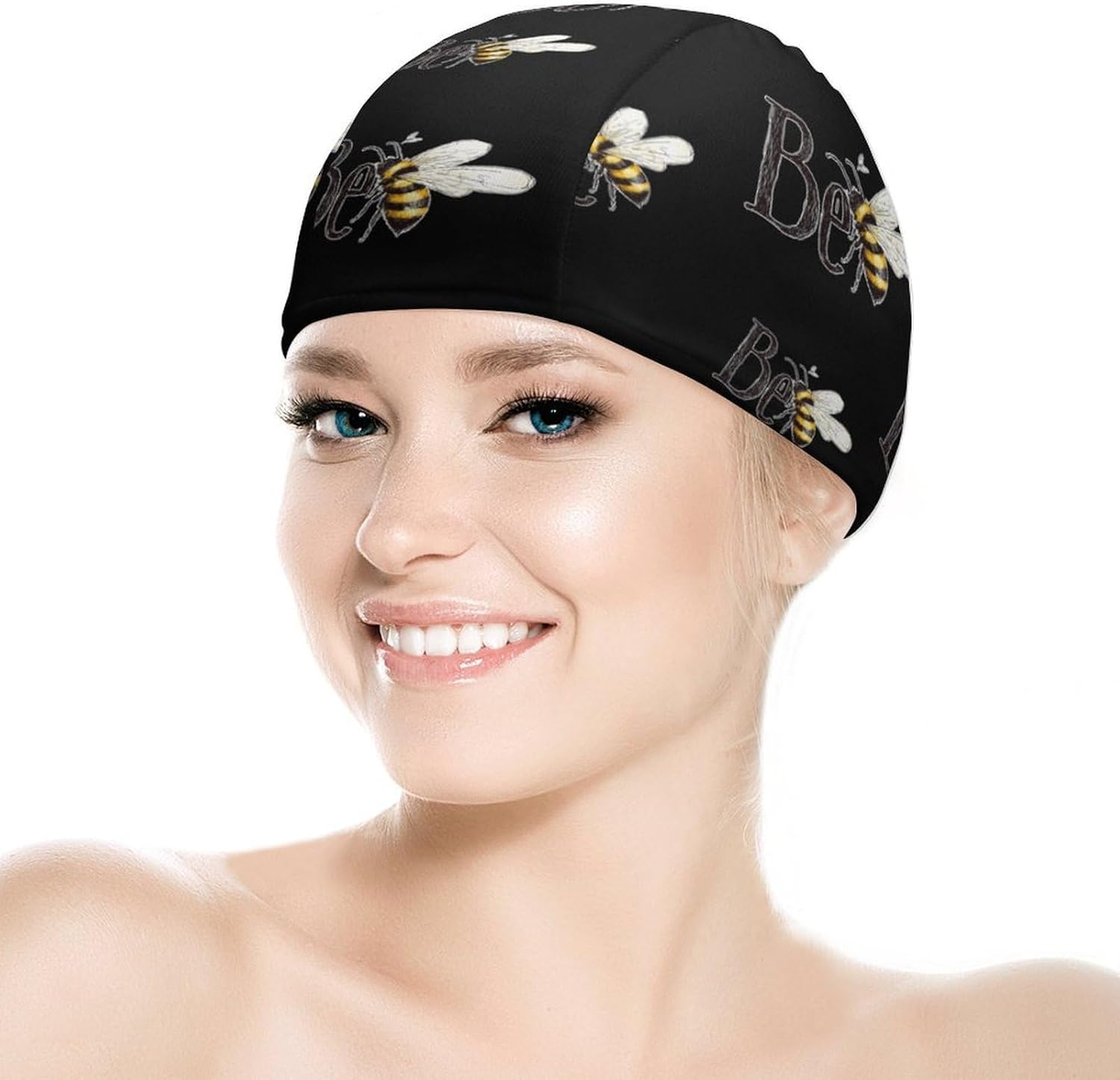 Hand-Drawn Bee Womens Swim Cap for Men Adult Swimming Hat Curly Short Medium Long Hair