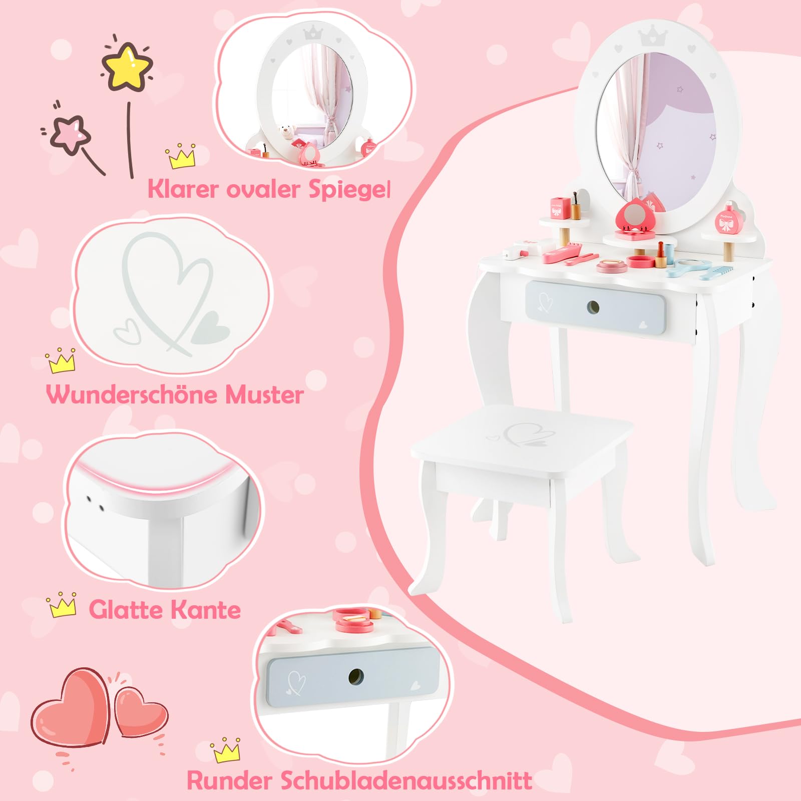 DREAMADE 2 in 1 Kinder Schminktisch mit 10 TLG. Spielzubehör und Hocker, Prinzessin Frisiertisch mit Schublade & 3 Ablagen, Kinderschminktisch aus Holz für Mädchen ab 3 Jahren, weiß