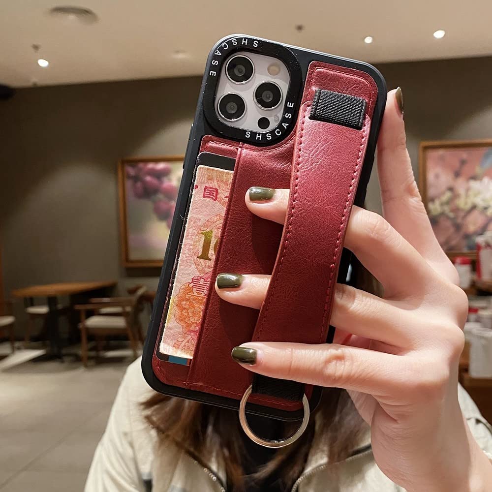 Funda de cuero con correa para la muñeca con ranura para carrito para iPhone 13 14 11 12 Pro X Xs Max Xr 7 8 6s 14 Plus SE 2020 Funda con soporte para banda de mano, azul marino, para iphone 13