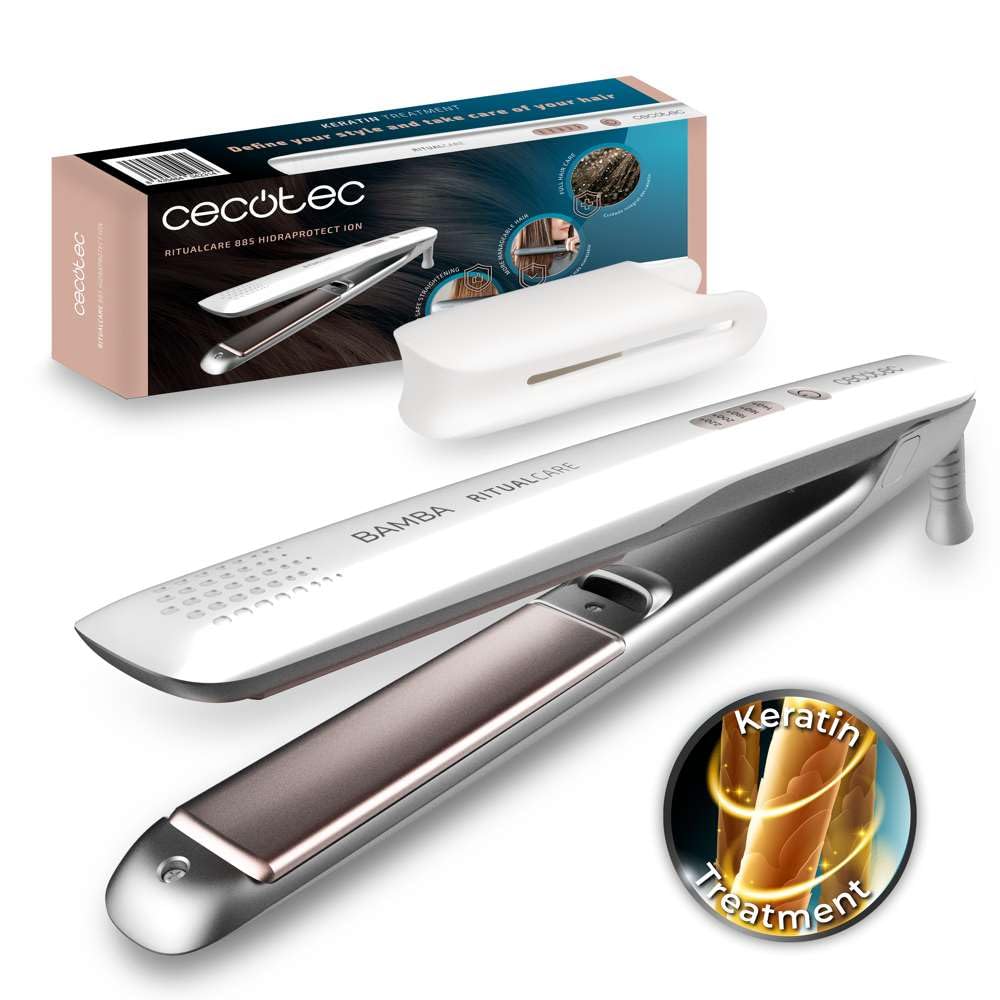 Cecotec Plancha de Pelo con Revestimiento de Queratina y Aceite de Argán Ritual Care 885 Hidraprotect. Ion Real, Temperatura Ajustable 140-220°C, Placas Flotantes 3D, Cable de 1,6m