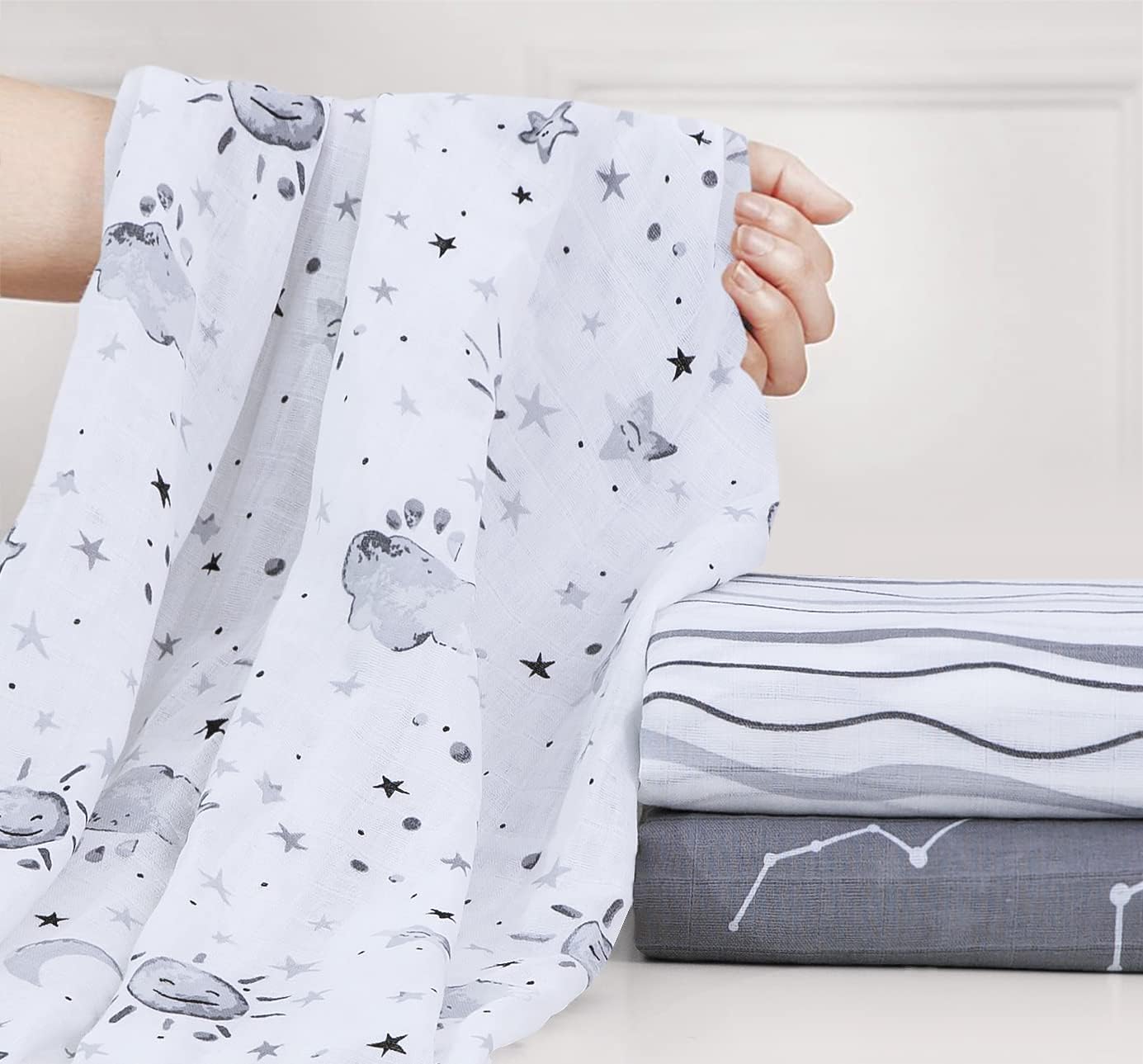Little Grape Land Muslin Swaddle Blankets 47''x47'' 3 Pack, 100% Cotton Large Size Baby Swaddles for Newborn, Soft Breathable Baby Blankets for Newborns, Stars/Grey - Image 9