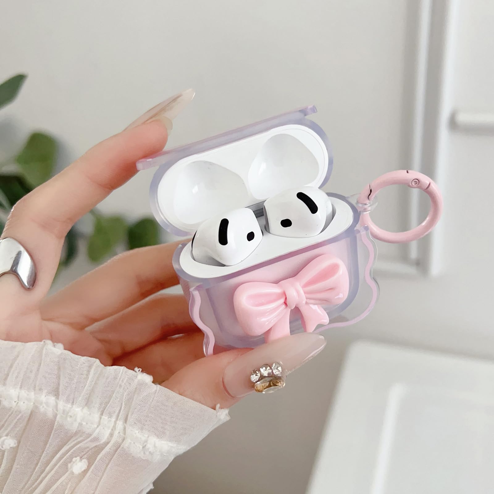 Cute AirPods 4 Clear Case, Girly 3D Bow Design Soft TPU Protective Shockproof Kawaii Apple iPod 4th Generation Cover with Cleaner Kit & Keychain Girls Women