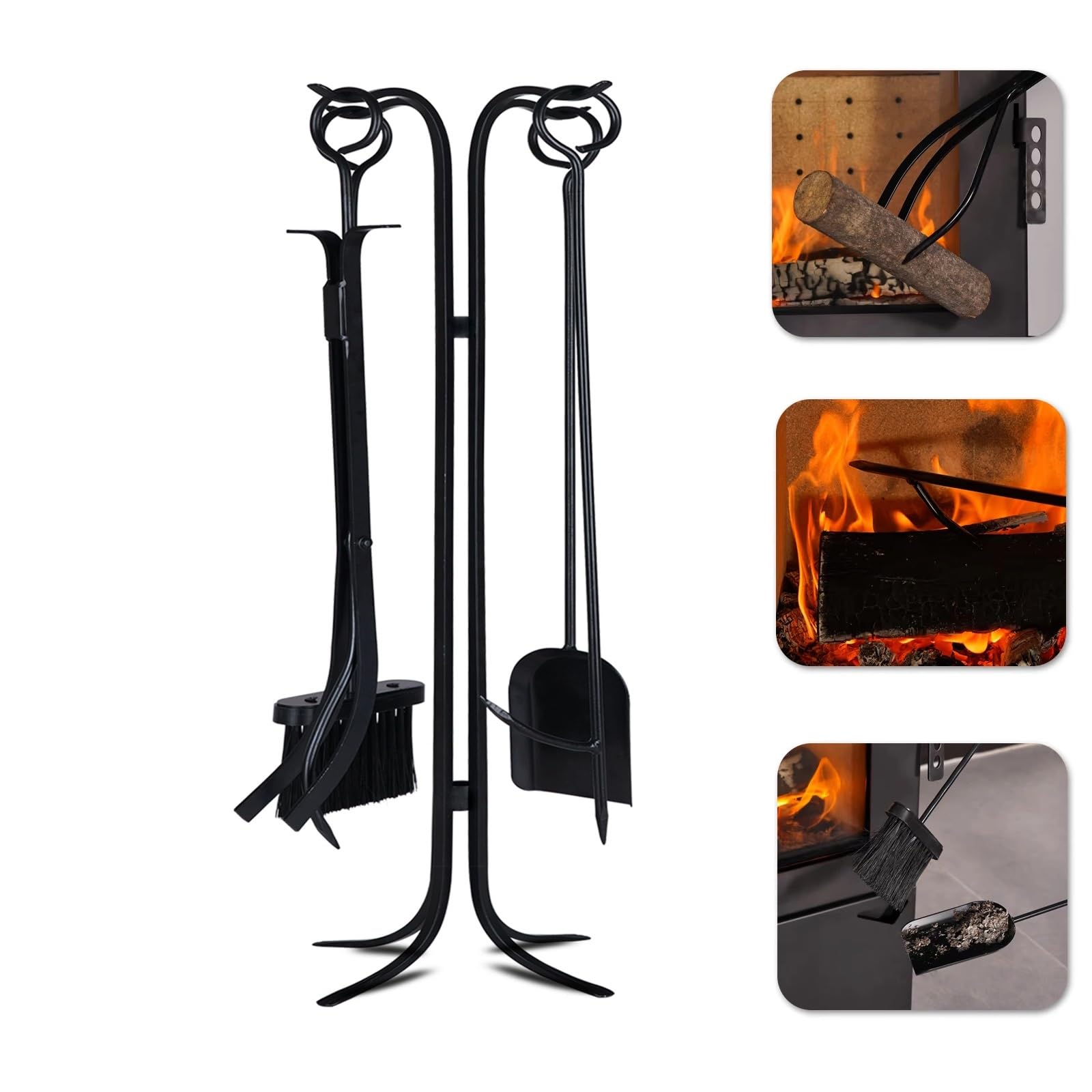 Set di attrezzi per caminetto 5 in 1, per interni ed esterni, in ferro battuto, con attizzatoio, pinza, pala, spazzola, supporto per braciere Fireset