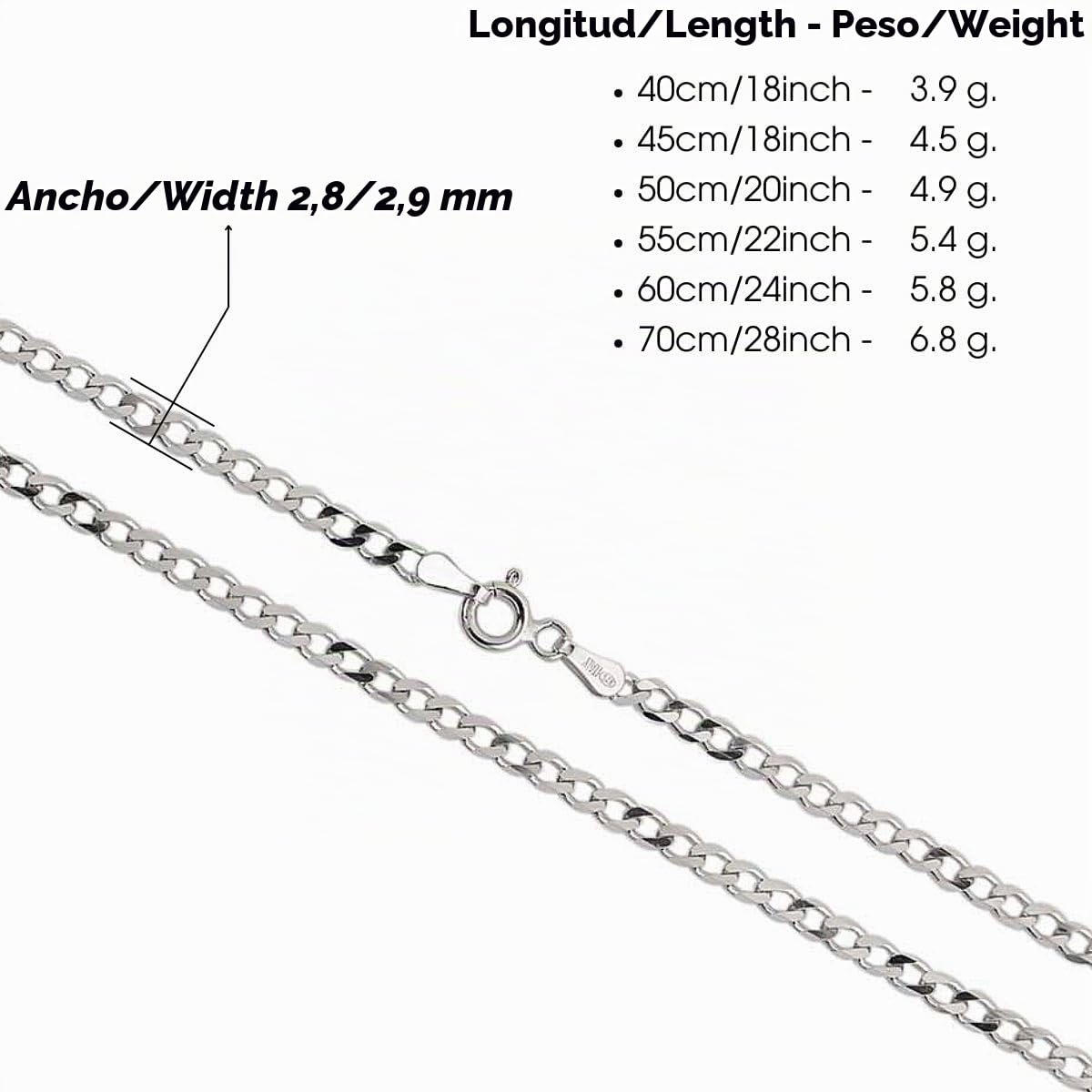 AKA Gioielli - Cadena Plata Hombre Mujer 3mm Plata de Ley 925 Rodio, Collar Hombre Italiano de Eslabones Cubanos - 40 45 50 55 60 70 cm Largo