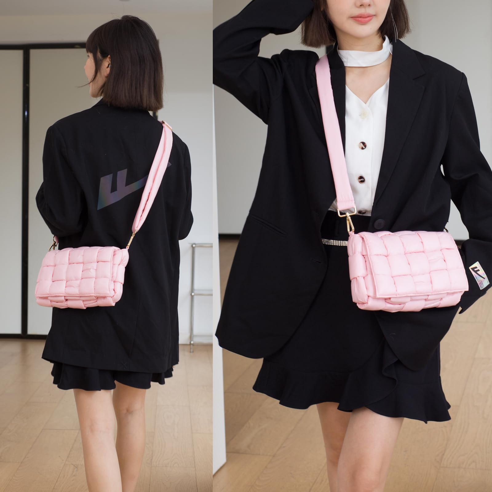 NAARIIAN Puffer Woven Bag Crossbody Purse for Women Padded Cassette Shoulder Bags Trendy Handbags Messenger(Dark Pink)