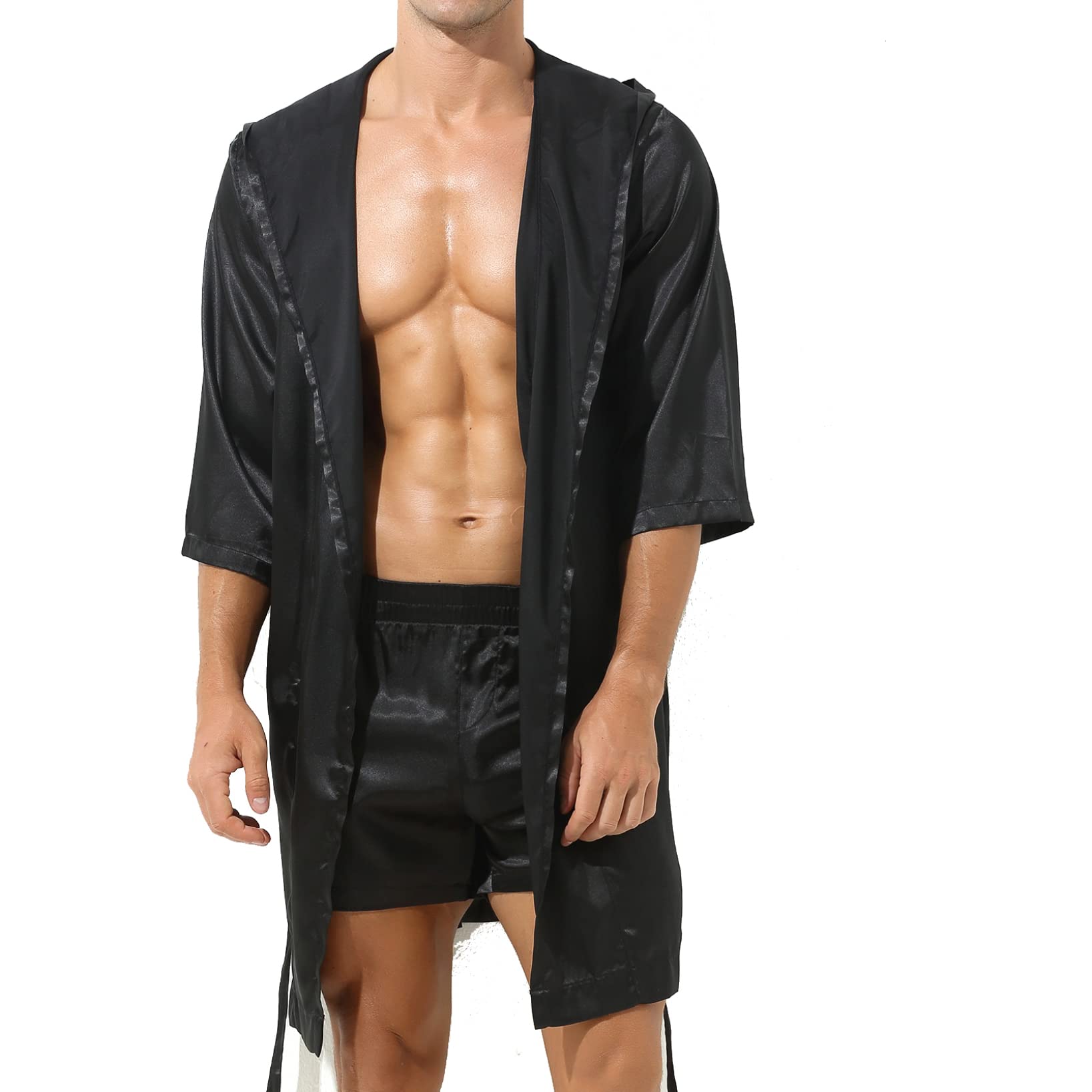 Homme Lingerie Sexy Erotique Kimono Ouvert Satin Peignoir de Bain Manche Longue Confortable Robe de Nuit Pyjama Chemise de Nuit Noir M
