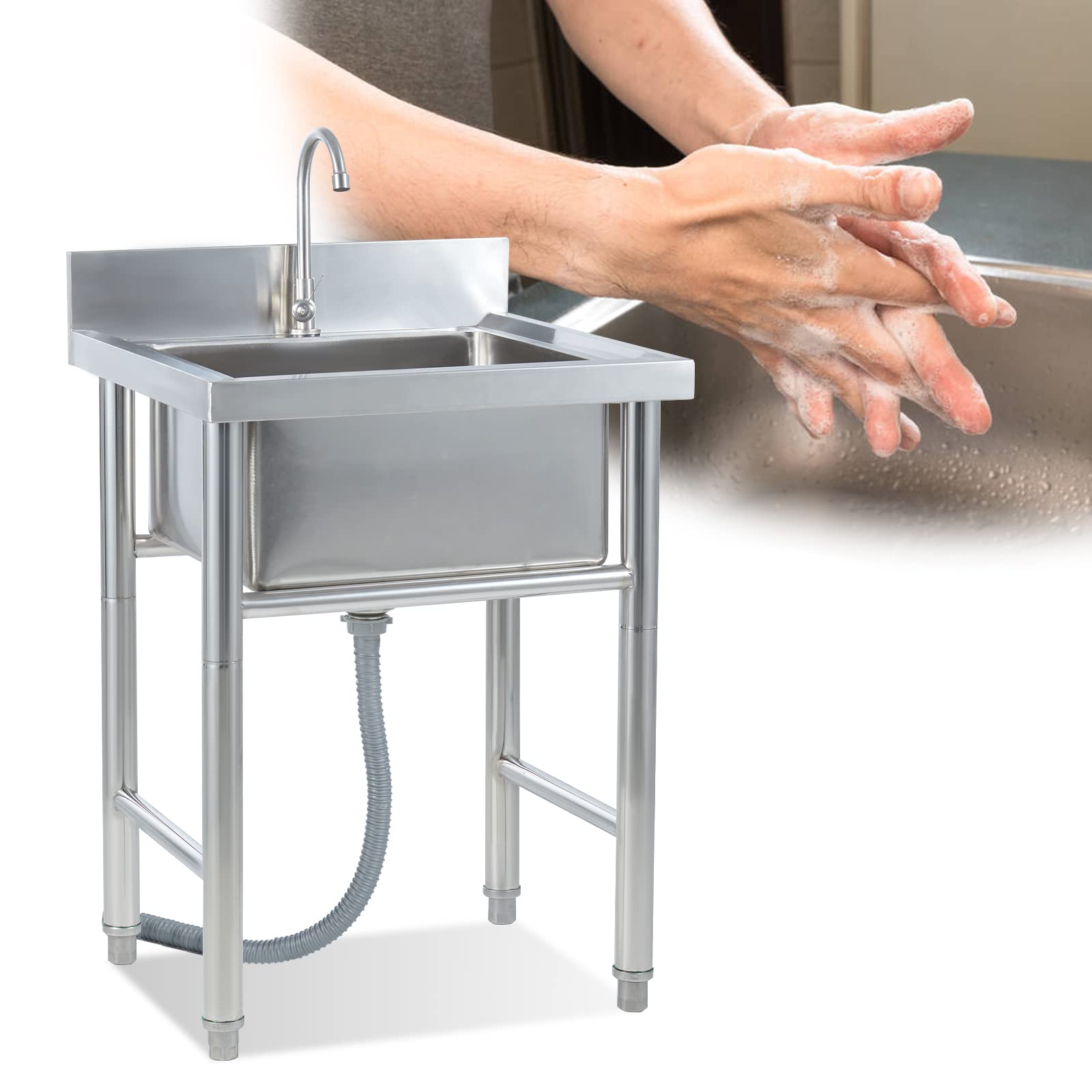 ZTCHSENZT Sink,Kitchen Utility Sink,FreeStanding Stainless-Steel Single Bowl, Commercial Kitchen Sink Faucet, Prep & Utility Washing Hand Basin