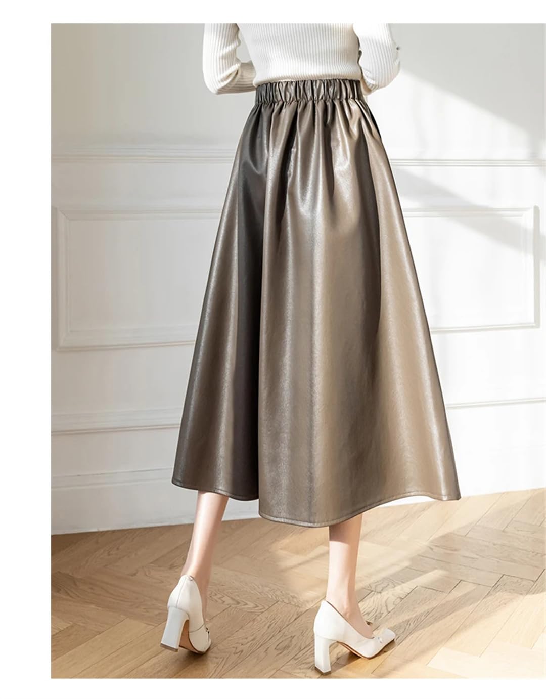 Autunno Inverno PU Faux Leather Donna Gonne Lunghe Elastico Vita Alta Vintage A-Line Gonne