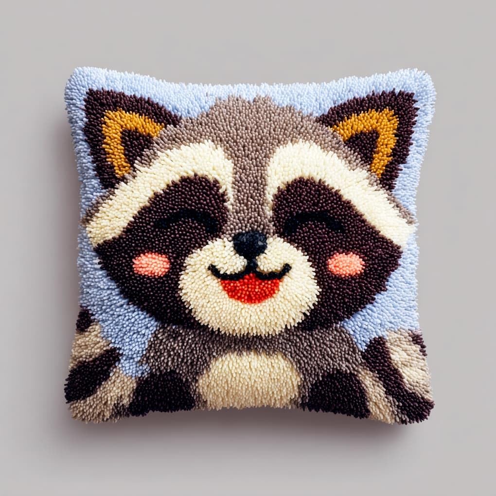 Henypt Latch Hook Kits for Adults,Smiling Raccoon 43x43cm DIY Rug Making Kit,Crochet Yarn Craft Set for Home Sofa Decor & Handmade Gift