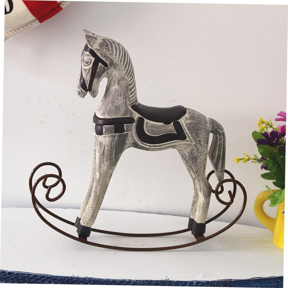 2pcs Horse Wall Decor Wooden Rocking Horse Ornament Handmade Craft Home Decoration Grey