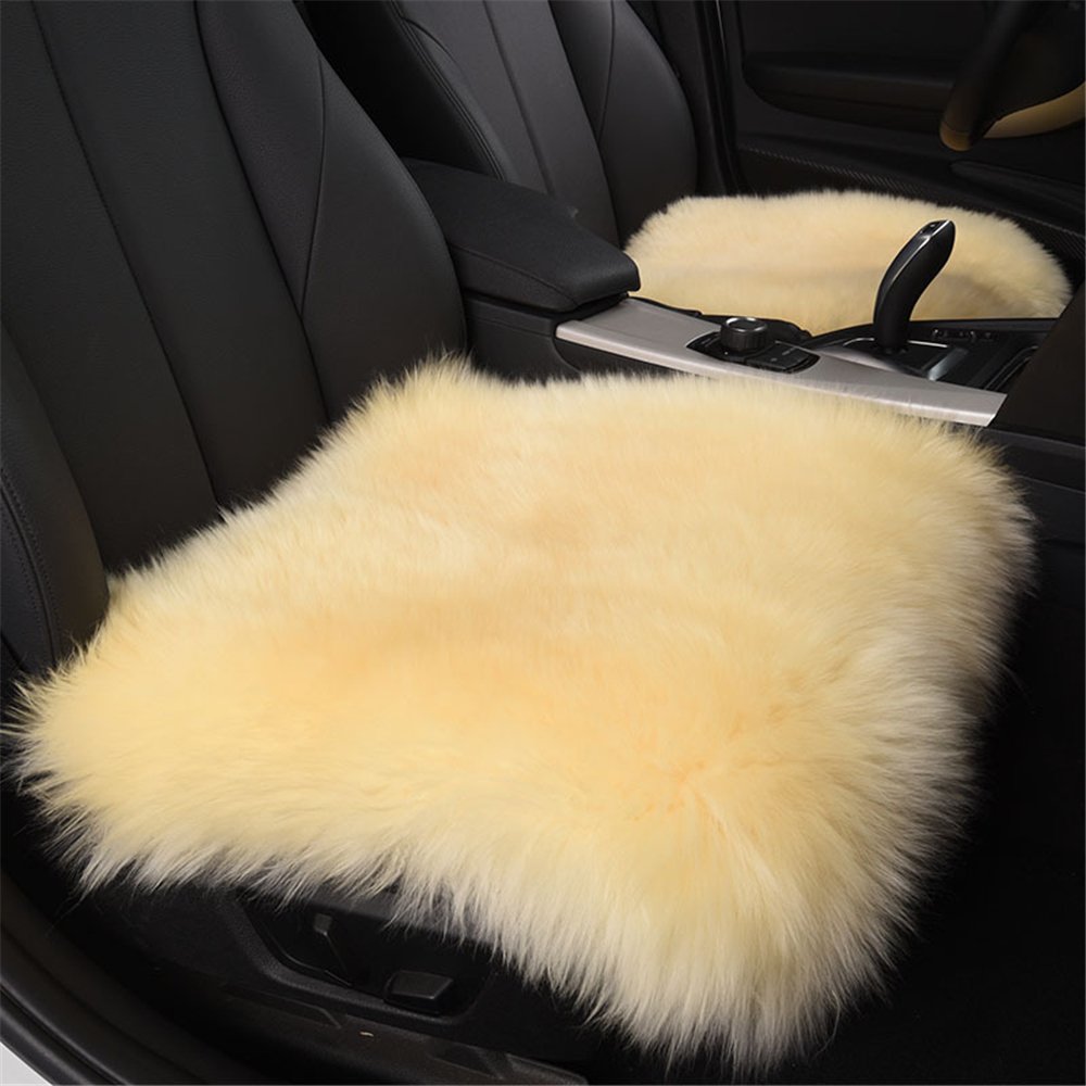 Fouriding 18" Faux Fur Sheepskin Seat Covers Pad Car Cushion Super Soft Thick Wool Seat Non Slip Backing Universal Fit for Car, Plane, Office, Home, Travel (Pack of 2, Beige Yellow)