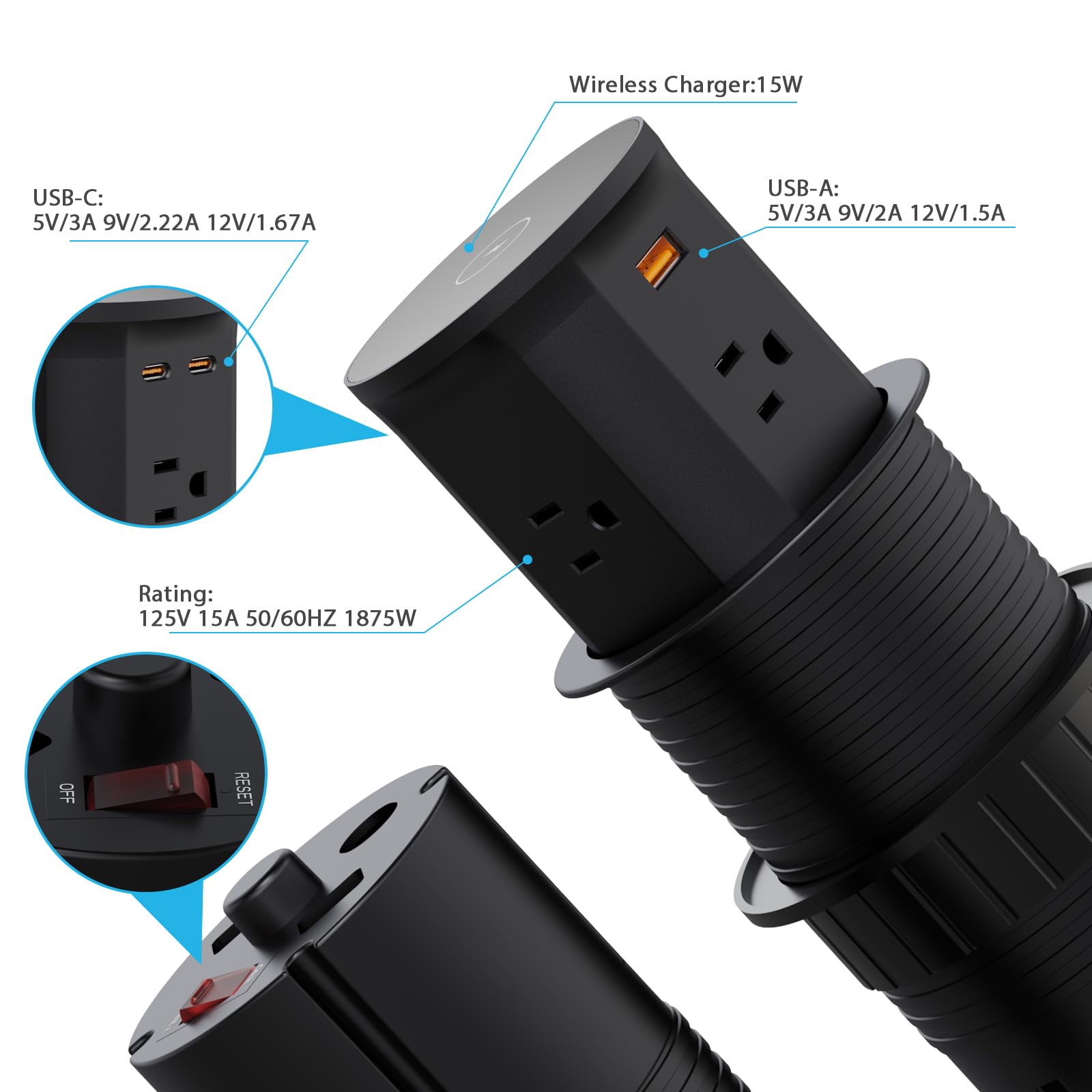 15 W bezprzewodowa ładowarka nablatowa wysuwana wyjście, szybkie ładowanie USB C 20 W i 4 wyjściami AC, 3,3-calowe wyjście komputerowe do biura, konferencji, blatu