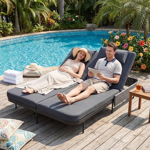BULEXYARD 51.2 Double Chaise Lounge Outdoor 2-Person PE Wicker Patio Daybed with Dual 5-Position Adjustable Backrest Duty Outside Furniture with Thick Cushions for Porch Poolside Garden