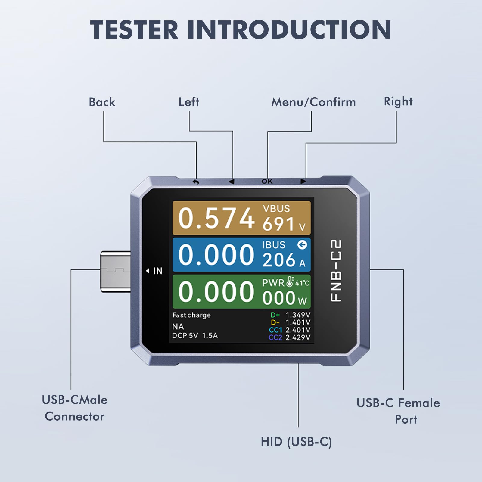 Tester USB FNB-C2, tester di ricarica rapida USB-C, 4-50 V, 6,5 A, amperometro digitale, voltmetro, misuratore di tensione e corrente, supporta PD3.1