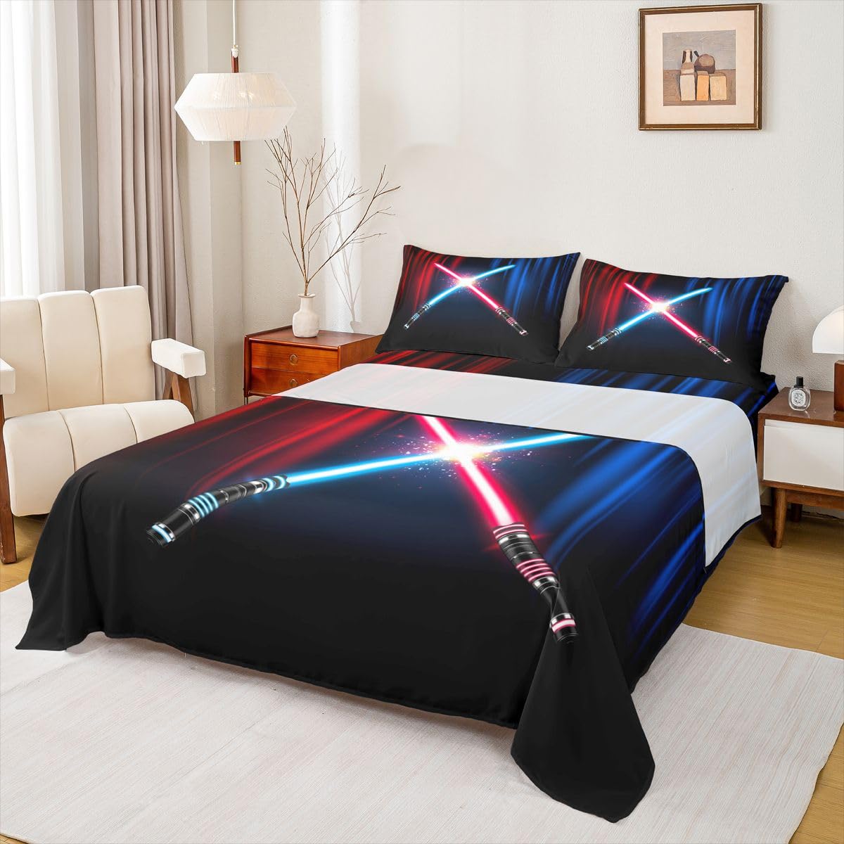 Neon Light Lightsaber Sheet Set Twin Size Geometric Red Blue Abstract Ombre Bedding Set 3Pcs Kids Boys Adult Bedroom Decor Video Games Bed Sheet