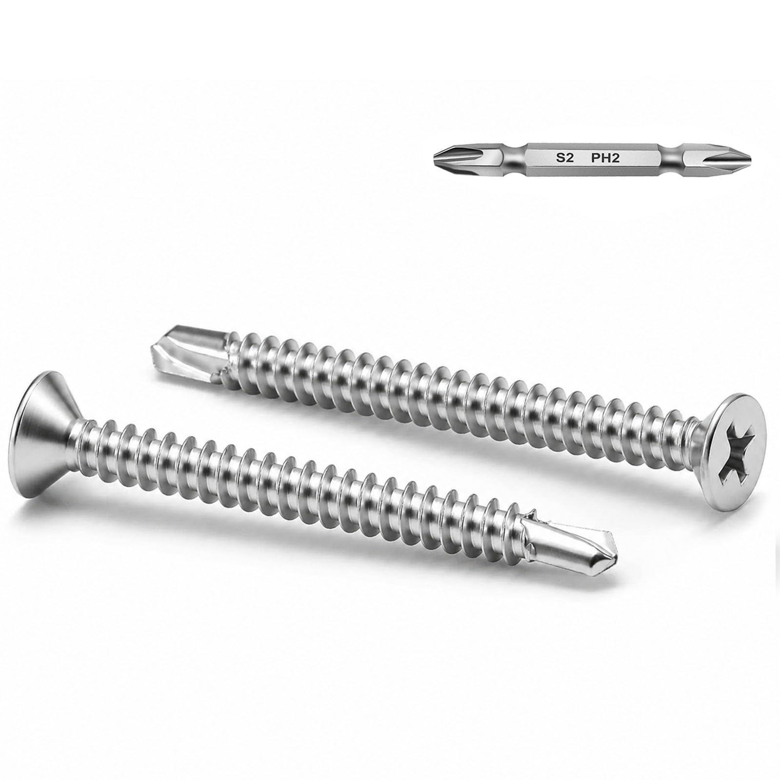 Wavanta 100Pcs M4.2 x 38mm Self Tapping Screws for Metal, 410 Stainless Steel Self Drilling Screws, Countersunk Phillips Sheet Metal Screws with Phillips Bit for Metal, Plastic and Wood