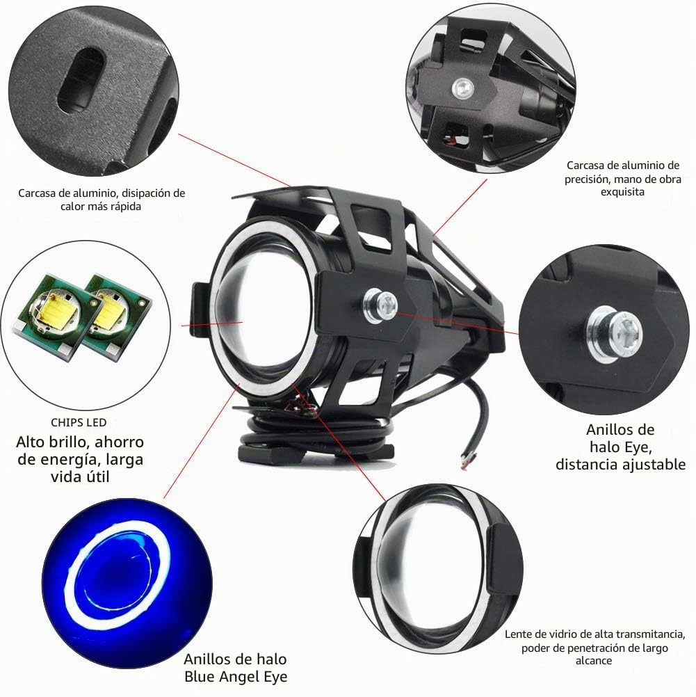 Biqing Faro Adicional para Moto, U7 Faros de Motocicleta Luces de Niebla12V 24V Luces de Delantera de Motocicleta Con interruptor Impermeable 1 Modo para Moto Quad Scooter(Azul)