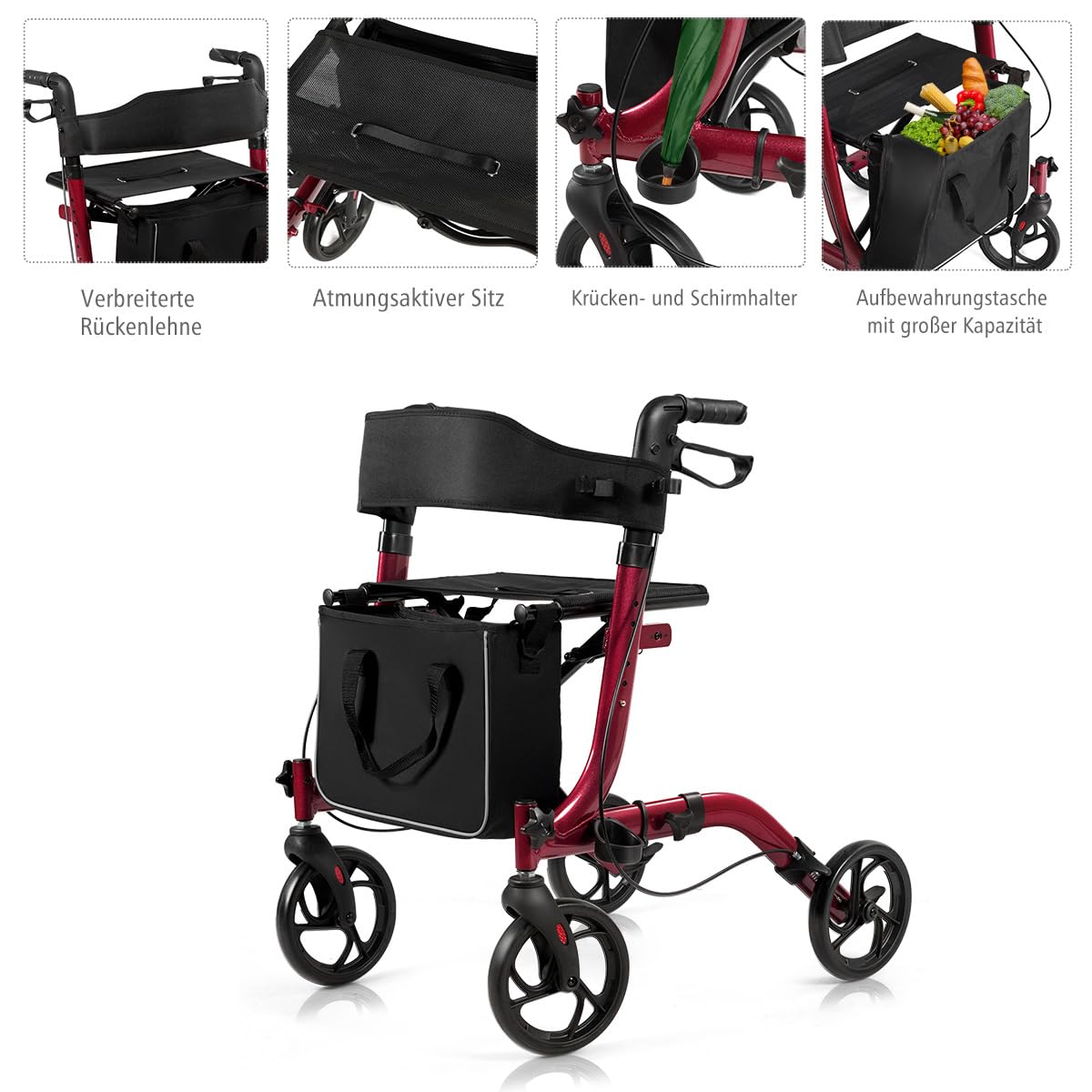 COSTWAY aluminiowy rollator, składany rollator podróżny, lekki rollator o regulowanej wysokości, z odpinanym workiem do przechowywania, malowane ogniowo, dla seniorów i dorosłych (czerwony)