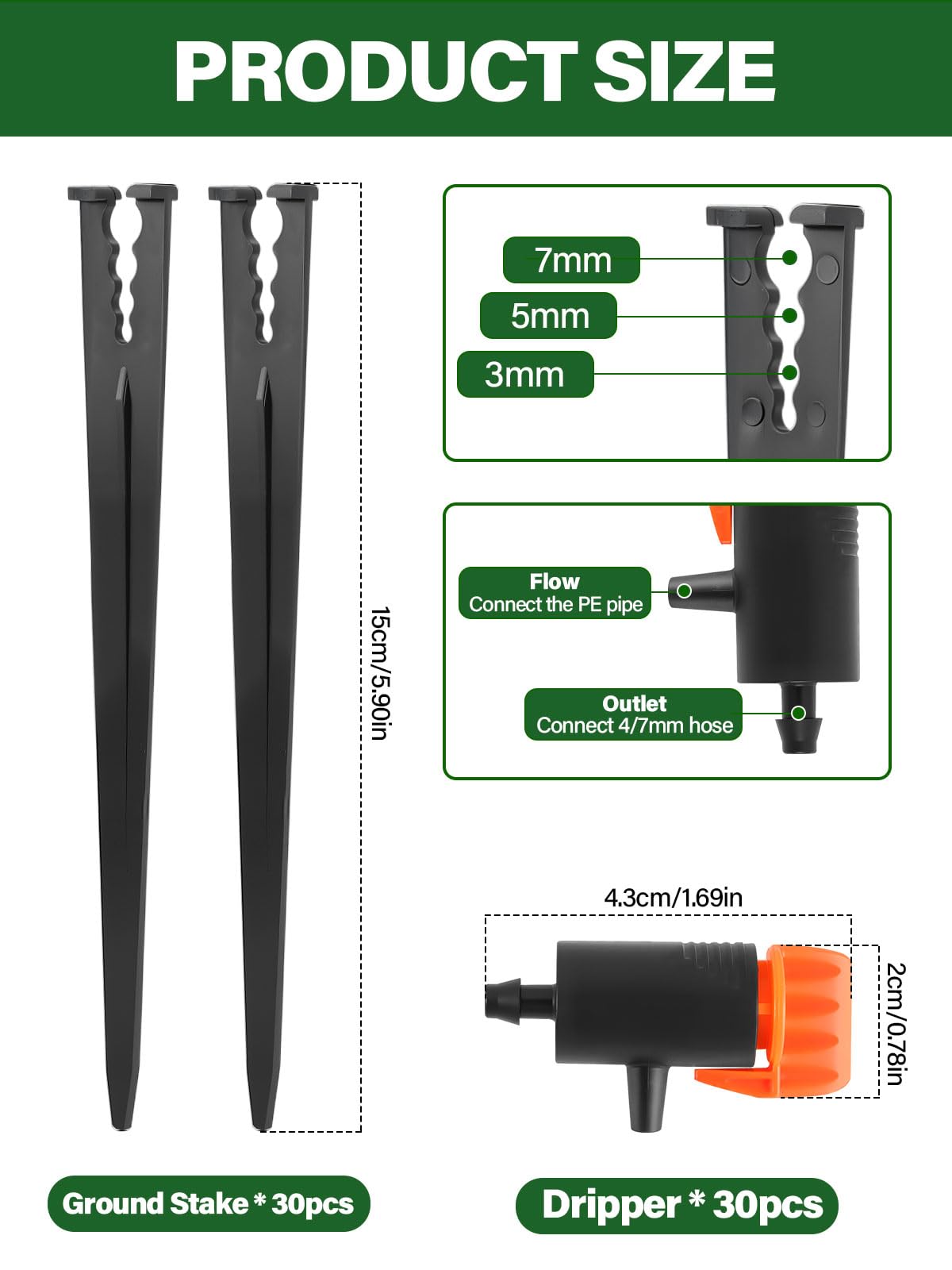 Kalolary 30 Pcs Adjustable Water Flow Irrigation Dripper with 30Pcs Support Stakes, Drip Irrigation Emitters System Fit for 1/4 inch Hose for Garden Lawn Plants Succulents Flower Irrigation - Image 2