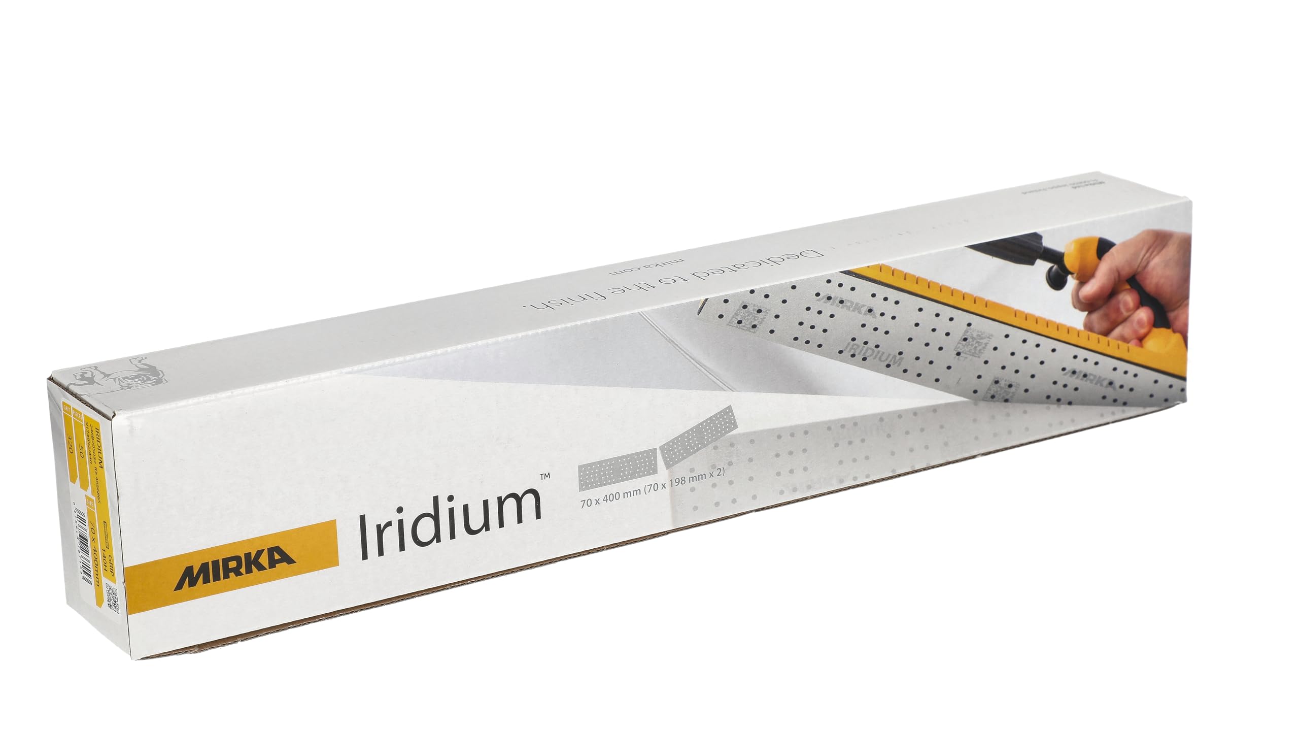 Mirka Papel de lija Iridium 70x400 mm 140 Agujeros grano 320 50 uds | Papel de lija perforado cierre adhesivo grano 320 ideal para lacas masillas imprimaciones madera acero minerales