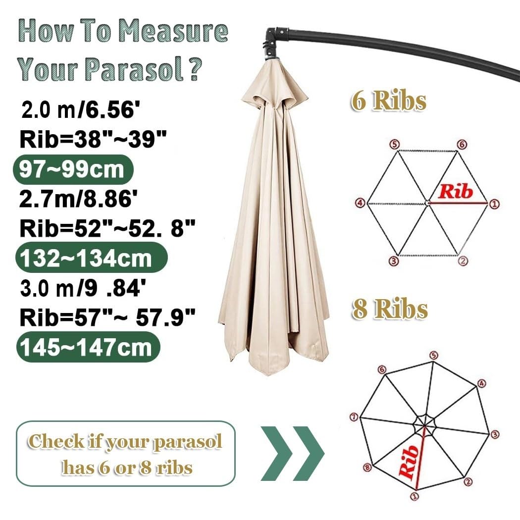 Telo Di Ricambio Per Ombrellone Da Giardino 200/270/300 Cm, UV50+, 6/8 Costole, Vari Colori - 2
