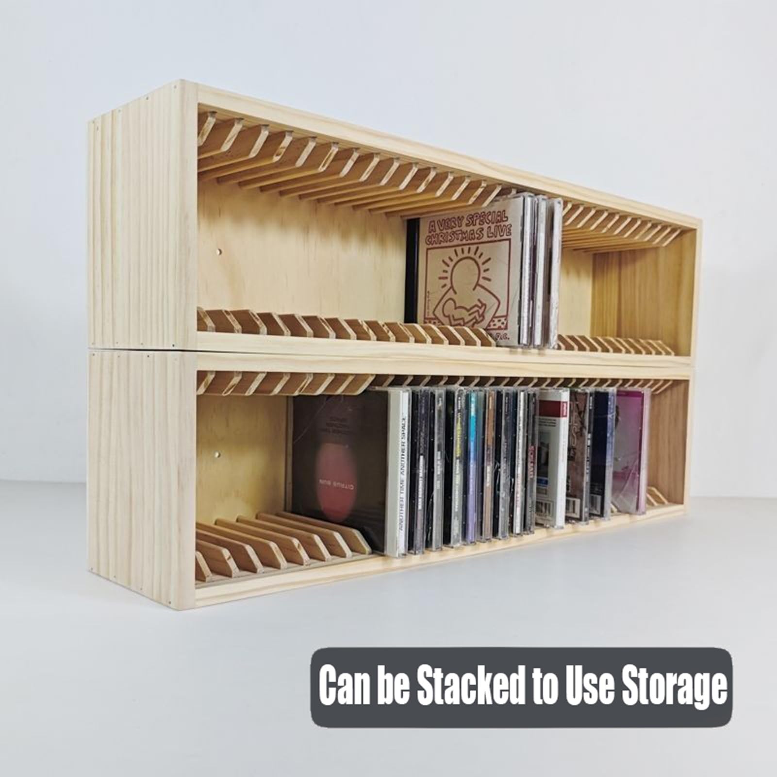 Soporte para CD de pino natural, caja de almacenamiento para 31 estuches estándar de joyas, soporte de escritorio para DVD, películas y discos de juego, estante elegante