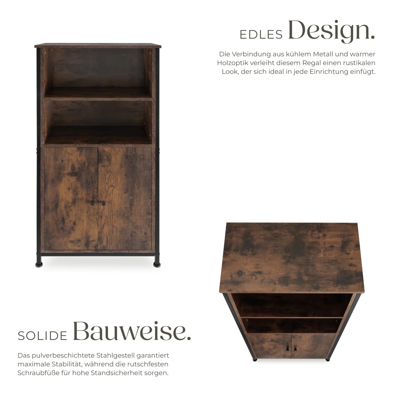 tectake® Industrial Highboard, Kommode mit offenen Fächern und Schrankfach, Sideboard, Flur Möbel, Wohnzimmerschrank, Bücherschrank, schmaler Schrank Schlafzimmer (Industrial Dunkelbraun)