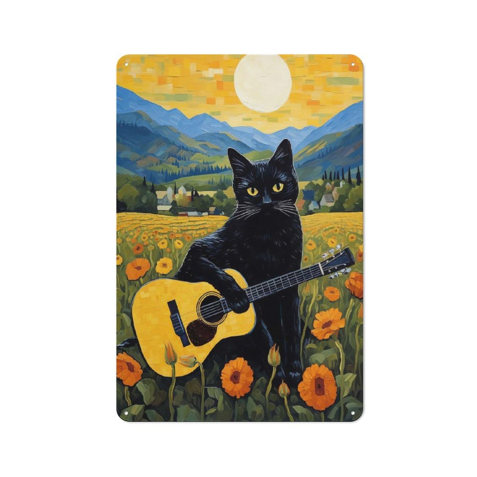 Junmoney Style-21 Black Cat Play Guitar Tin Sign 30X20cm, Modern Vintage Creative Space Decor For Hobby Room, Office, Lounge Or Living Room