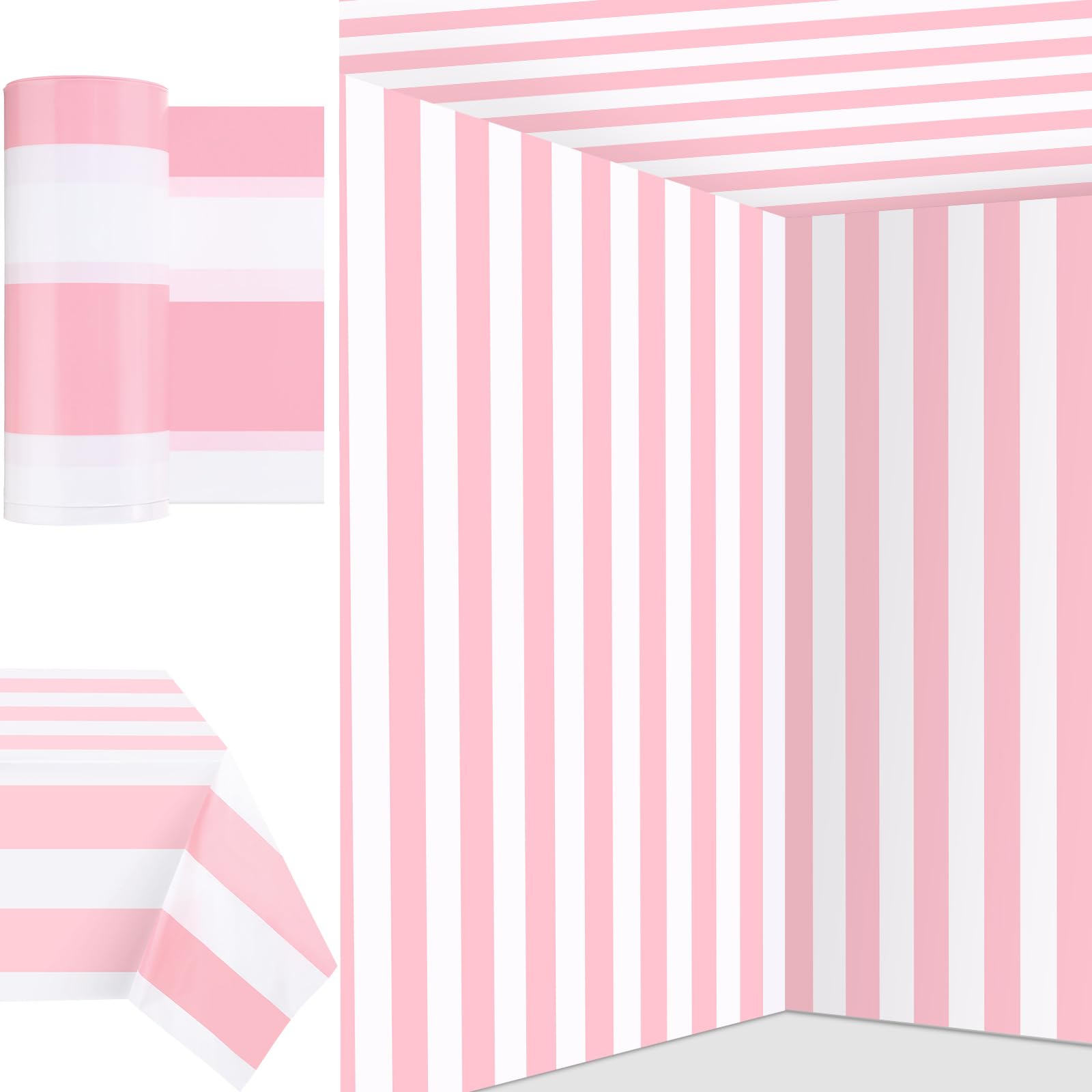 Ctosree 199,9 cm x 30,5 m rosa und weiß gestreifte Tischdeckenrolle aus Kunststoff für Geburtstag, Babyparty, Geburtstag, Party, Dekoration (Rosa und Weiß, gestreift)