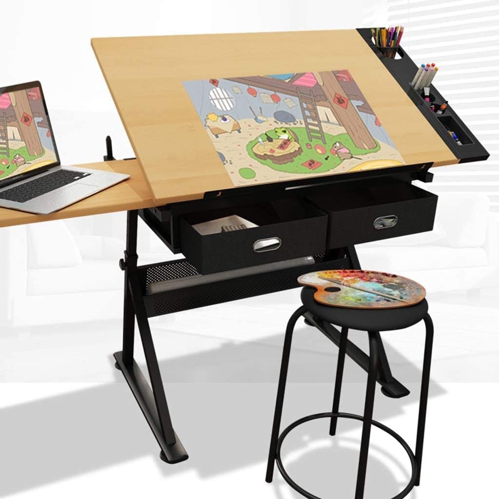 Mesa de dibujo ajustable con almacenamiento, escritorio de manualidades para oficina en casa y estudio, escritorio de arte ideal para artistas y diseñadores, perfecto para proyectos de dibujo y diseño