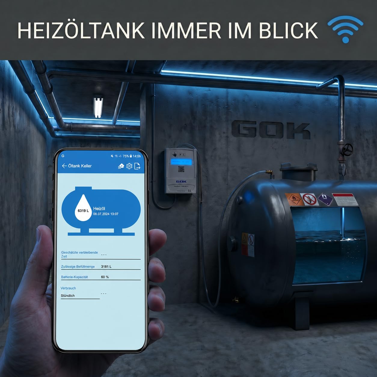 GOK SmartBox AIR Wi-Fi, Füllstandsanzeige für Heizöltank mit App, akkubetriebener Inhaltsfernanzeiger für drucklose Tanks, WLAN-Übertragung, pneumatische Messung, Anzeige der Freiraummenge, USB-C